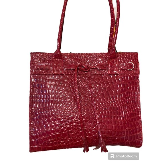Elizabeth Arden Embossed Alligator Glossy Tassels Large Red Tote Bag Handbag - Picture 12 of 16